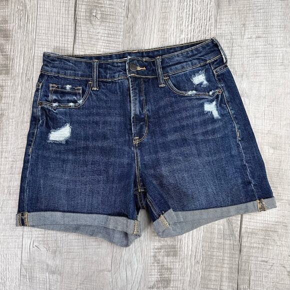 Old Navy Dark Wash High Rise Secret Slim Pocket Distressed Jean Short WMN 2 Blue - Picture 1 of 7